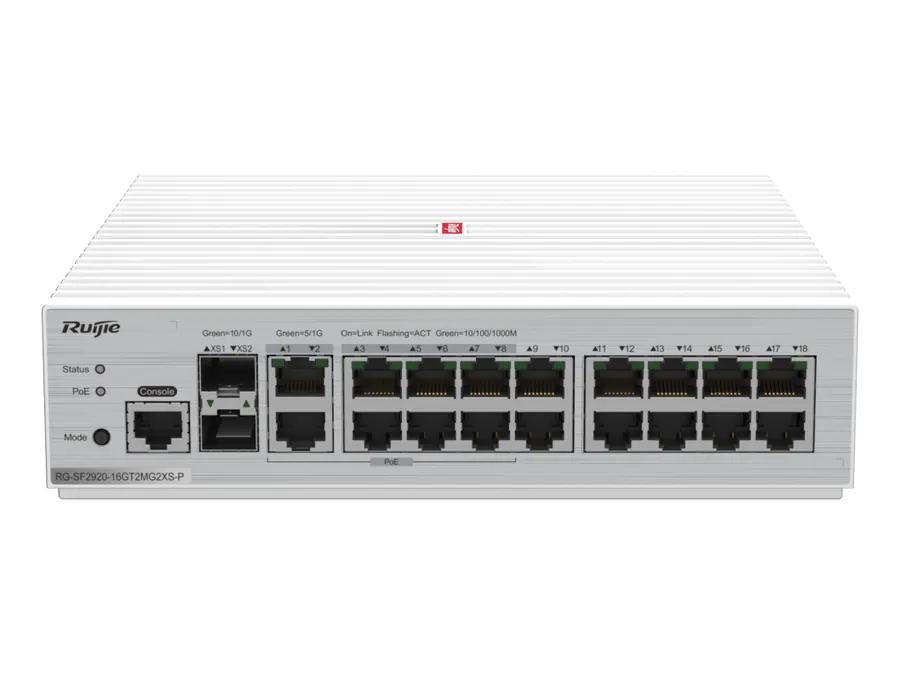 RG-SF2920-16GT2MG2XS-P 16-Port GE All-Optical PoE Switch, 2 x 5G Electrical Ports (Backward Compatible)