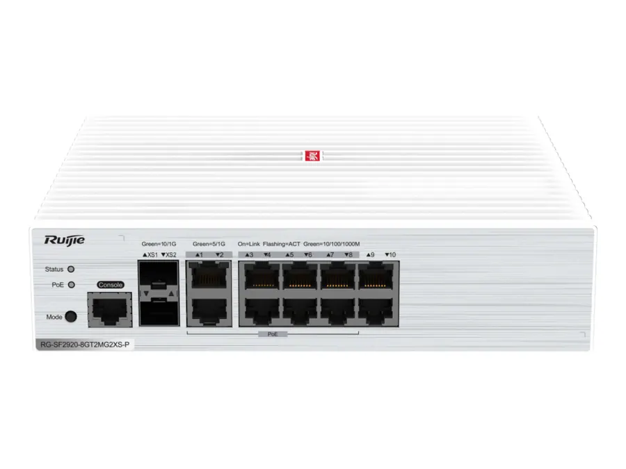 RG-SF2920-8GT2MG2XS-P 8-Port GE All-Optical PoE Switch, 2 x 5G Electrical Ports (Backward Compatible)