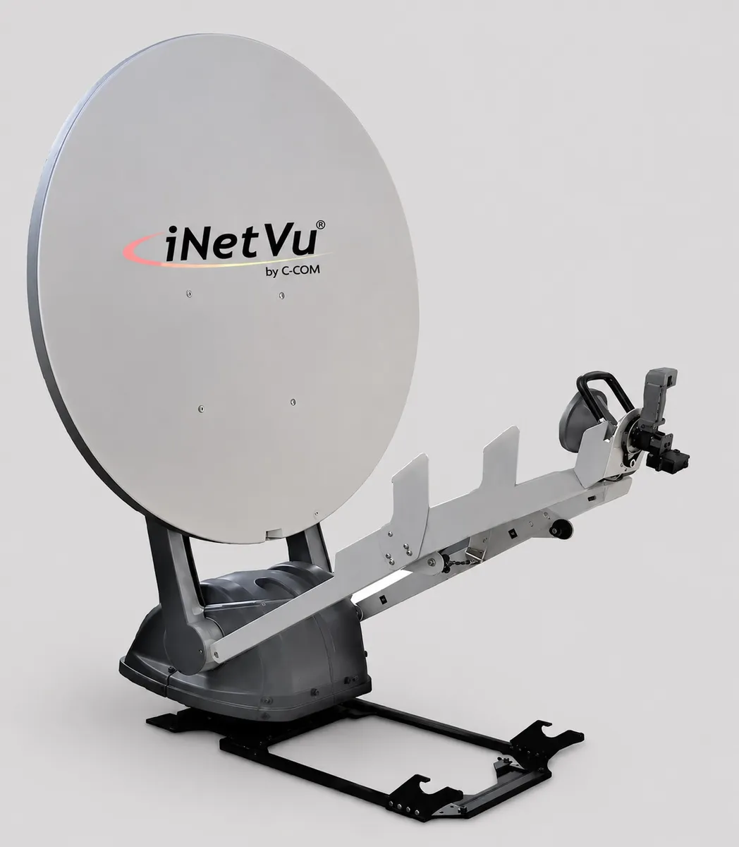 C-COM iNetVu 1200+ 1.2 m auto-deploy Ku-band driveaway VSAT antenna for vehicle roofs (field upgradable to Ka)